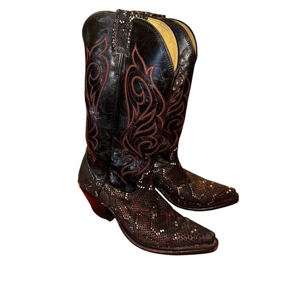 James Montague Nocona Black & Red Snakeskin Western Cowboy Boots - Picture 4 of 9